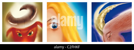 Abbildung der Erde-Tierkreiszeichen Stier, Jungfrau und Steinbock Stockfoto