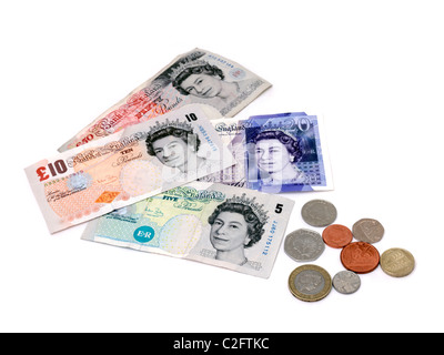 Sterling-Banknoten und-Münzen £5, £10, £20, £50 und 1 Cent, 2 Cent, 5 Cent, 10 Cent, 20 Cent, 50 Pence, £1 Münze und £2 Münze Stockfoto