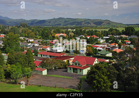 Blick auf die Stadt von Primrose Hill, Paeroa, Region Waikato, Nordinsel, Neuseeland Stockfoto