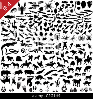 # 4 Satz von verschiedenen Tieren, Vögel, Insekten und Fische Vector Silhouetten Stockfoto