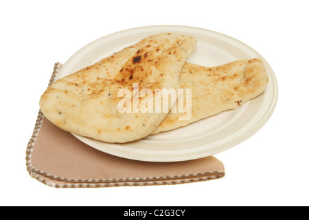 Zwei Naan Brote auf einem Teller mit einer Serviette Stockfoto