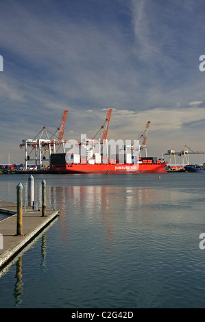 Containerschiff im Hafen von Tauranga von Mount Maunganui, Tauranga, Bay of Plenty, North Island, Neuseeland Stockfoto