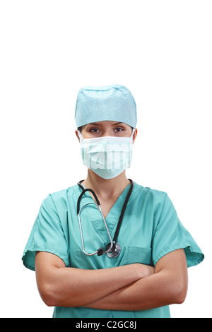 Porträt einer zuversichtlich Ärztin mit Armen gekreuzt mit einer Maske. Stockfoto