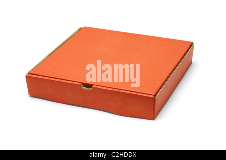 Orange Farbe Pizza Take-away-Box auf weißem Hintergrund Stockfoto