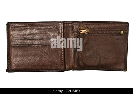 Alte Braun Brieftasche isoliert auf weißem Hintergrund Stockfoto