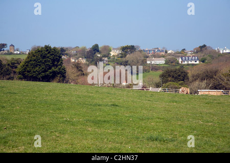 Blick auf Dorf und Felder Insel Sark Kanalinseln Stockfoto