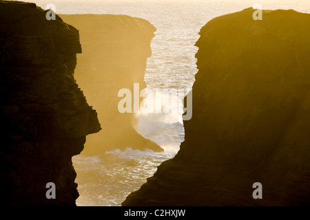 Sonnenuntergang leuchtet eine Kluft im Atlantik Klippen in der Nähe von Loop Head, County Clare, Irland. Stockfoto