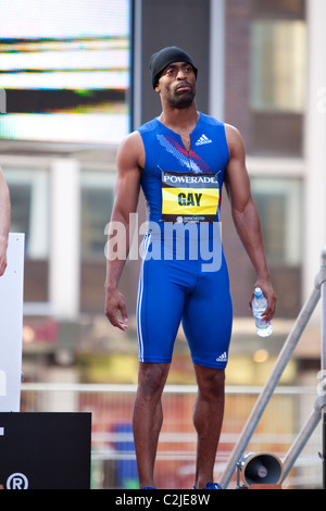 Tyson Gay aussieht konzentriert vor seinem 200m-Straßenrennen bei den Manchester Stadt Games 2010 Stockfoto