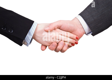 Handshake zwischen Frau und Mann. Stockfoto