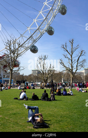 Gruppe von Menschen genießen die Sonne am Jubilee Gardens neben dem London Eye, London, England, UK Stockfoto