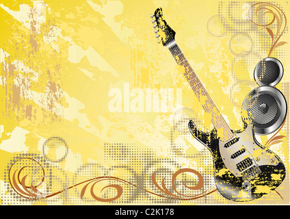 Abstract Grunge Hintergrund mit Akustikgitarre und Lautsprecher Stockfoto