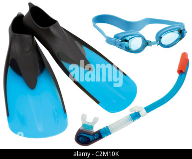 Flossen, Brille und Schnorchel isoliert auf weißem Hintergrund Stockfoto