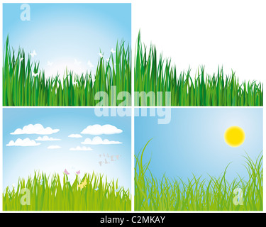 Set von vier Vektor Rasen Silhouetten Hintergründe Stockfoto