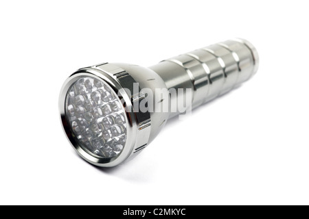 Moderne LED-Taschenlampe isoliert auf weißem Hintergrund. Stockfoto