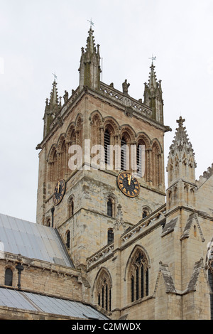 Selby Abbey Clock/Glockenturm aus dem Nordosten gesehen Stockfoto