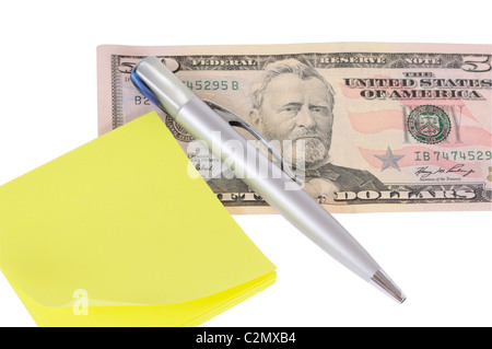 Fünfzig Dollar, Stift und Notizbuch isoliert auf weißem Hintergrund Stockfoto