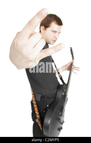 ernsthafte Spieler auf einem weißen Hintergrund in schwarzer Kleidung Stockfoto