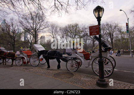Horse-Drawn Wagen geparkt auch bekannt als schöne Kabinen Ende der Südost Ecke des Central Park in New York City. Stockfoto
