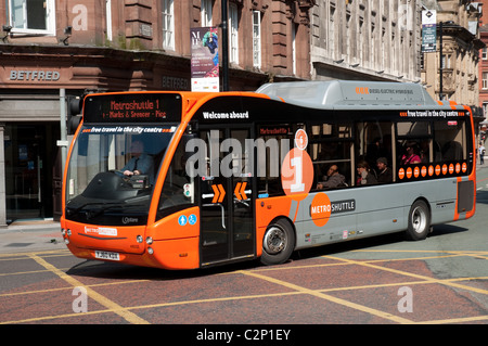 Metroshuttle Bus bietet einen kostenlosen Service über Manchester Stadtzentrum entfernt. Stockfoto