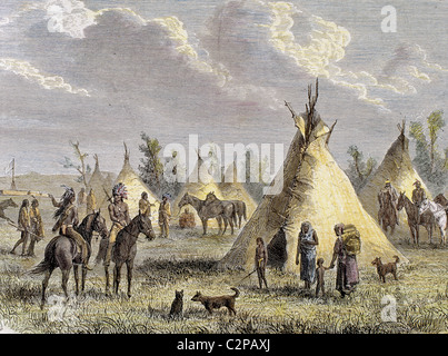 Sioux-Camp in der Nähe von Fort Laramie. Farbige Gravur, 1884. Stockfoto