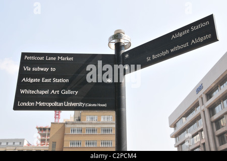 Straße Zeichen Aldgate London besuchen London Whitechapel Art Gallery Petticoat Lane Market Stockfoto