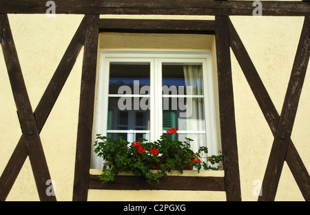 Fenster von einem traditionellen gerahmte Holzhaus, Saint Martin, Il de Re, Frankreich Stockfoto