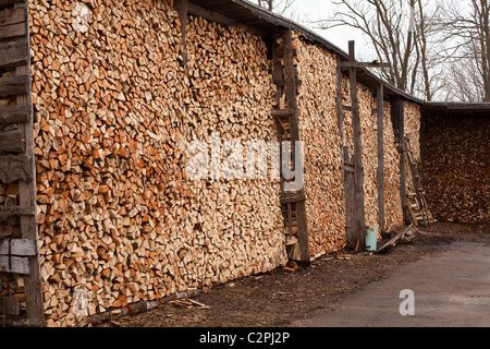 Ländliche Bigstack Brennholz unter Dach in Russland. Holzschuppen Stockfoto