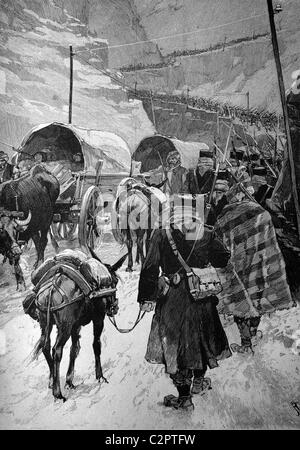 Die bulgarische Armee marschiert durch den Dragoman Pass, Bulgarien, historische Darstellung, um 1886 Stockfoto