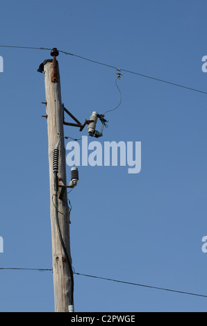 alten Telefonmast mit zwei Drähten Stockfoto