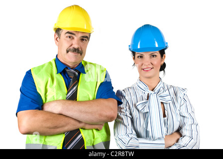 Architekten-Team: Reife Architekt Mann und junge Frau mit Händen überquerte und lächelnd vor Bild Stockfoto