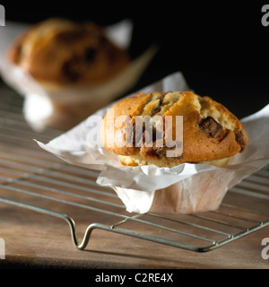 Muffin auf Tablett mit Backpapier rund um jede Kühlung. Schokolade-Chips in Muffins gebacken frisch auf dunklen Holzbrett Stockfoto