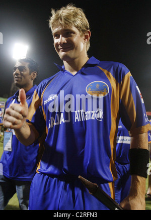 Shane Watson Spieler von Rajasthan Royals feiert seinen Sieg gegen Delhi Daredevils bei IPLT20 Match Wankhede Stadium Stockfoto