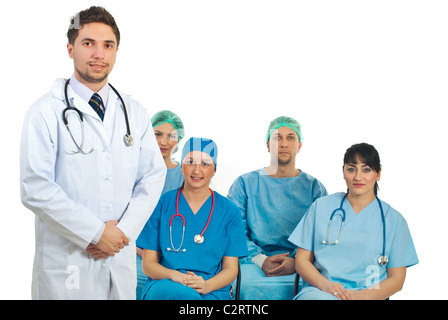 Lehrer im Klassenzimmer mit Arzt Ärzte Studenten isoliert auf weißem Hintergrund Stockfoto