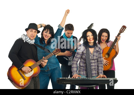 Glückliche Band fünf Leute singen mit Musikinstrumenten Stockfoto