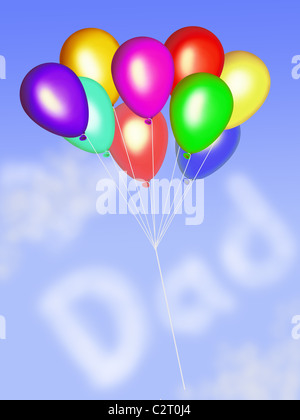 Bunte Ballons schweben in den Himmel mit Papa in Wolkenformen Stockfoto