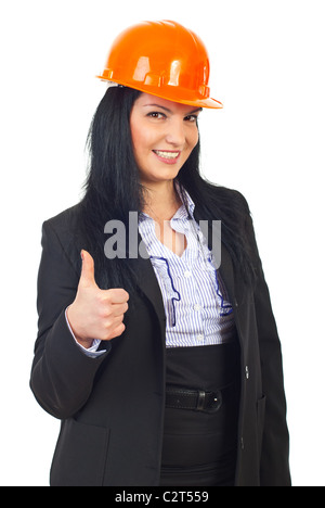 Portrait von glücklich Architekt Frau mit Orange Schutzhelm Daumen aufgeben auf weißem Hintergrund isoliert Stockfoto