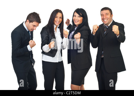 Aufgeregt, Business-Team mit Erfolg im Geschäft Anhebung Hände und feiern isoliert auf weißem Hintergrund Stockfoto