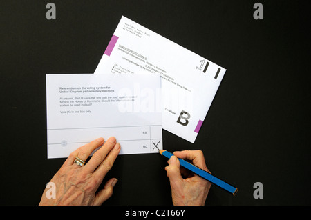 Referendum postalische Abstimmung Papier weibliche Hand legt eine X im Feld Nr. Stockfoto