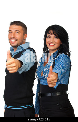 Zwei glückliche Geschäftsleute lächelnd und geben Daumen nach oben isoliert auf weißem Hintergrund Stockfoto