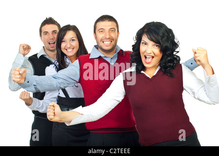 Aufgeregt Unternehmensgruppe Menschen etwas gewonnen und mit Armen aufstehen und schreien ihre Freude isoliert auf weißem Hintergrund Stockfoto