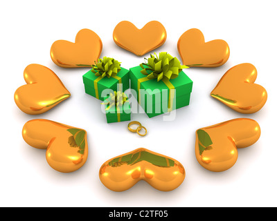 Goldherzen rund um Geschenke. 3D Stockfoto