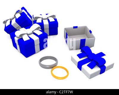 Geschenk-Boxen mit Ringen. 3D Stockfoto