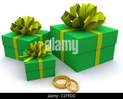 Geschenkkartons mit Ringen. 3D Stockfoto