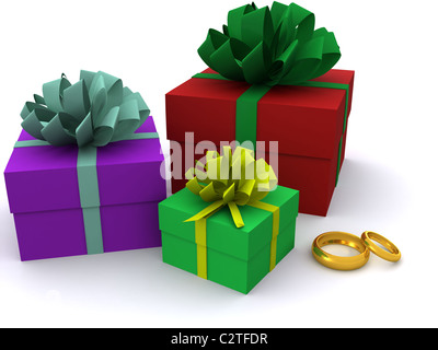 Geschenkkartons mit Ringen. 3D Stockfoto