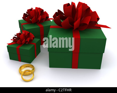 Geschenkkartons mit Ringen. 3D Stockfoto