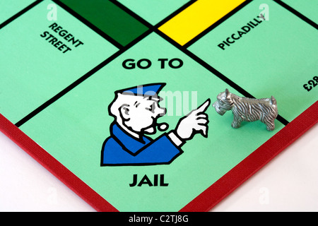 Ein Hund auf dem Platz ins Gefängnis auf ein Monopol Spielbrett UK Stockfoto
