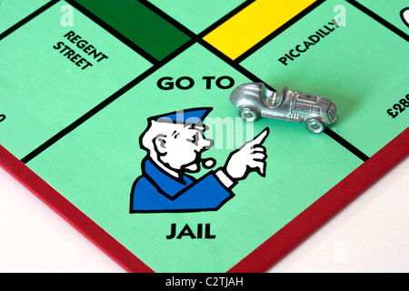 Schlechte Treiber; ein Auto auf dem 'Gehe zu Gefängnis' Raum auf ein Monopol Spielbrett UK Stockfoto