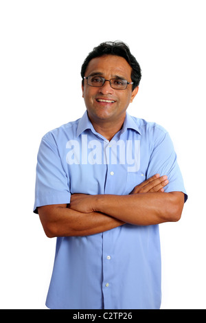 indische Latein Geschäftsmann Gläser Blau Hemd isoliert auf weiss Stockfoto