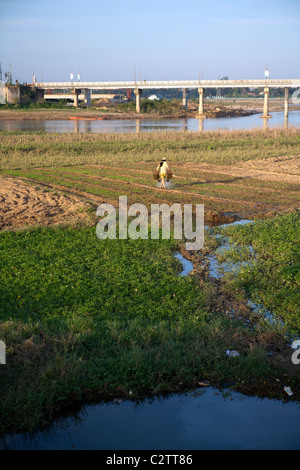 Bewässerung der Felder an den Ufern des Flusses Dakbla in Kon Tum Stockfoto