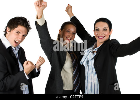 Erfolgreiche Gruppe von Menschen, die Erhöhung der Hände und feiern sie Erfolge im Geschäft, sie schreien und Lachen weil Glück Stockfoto